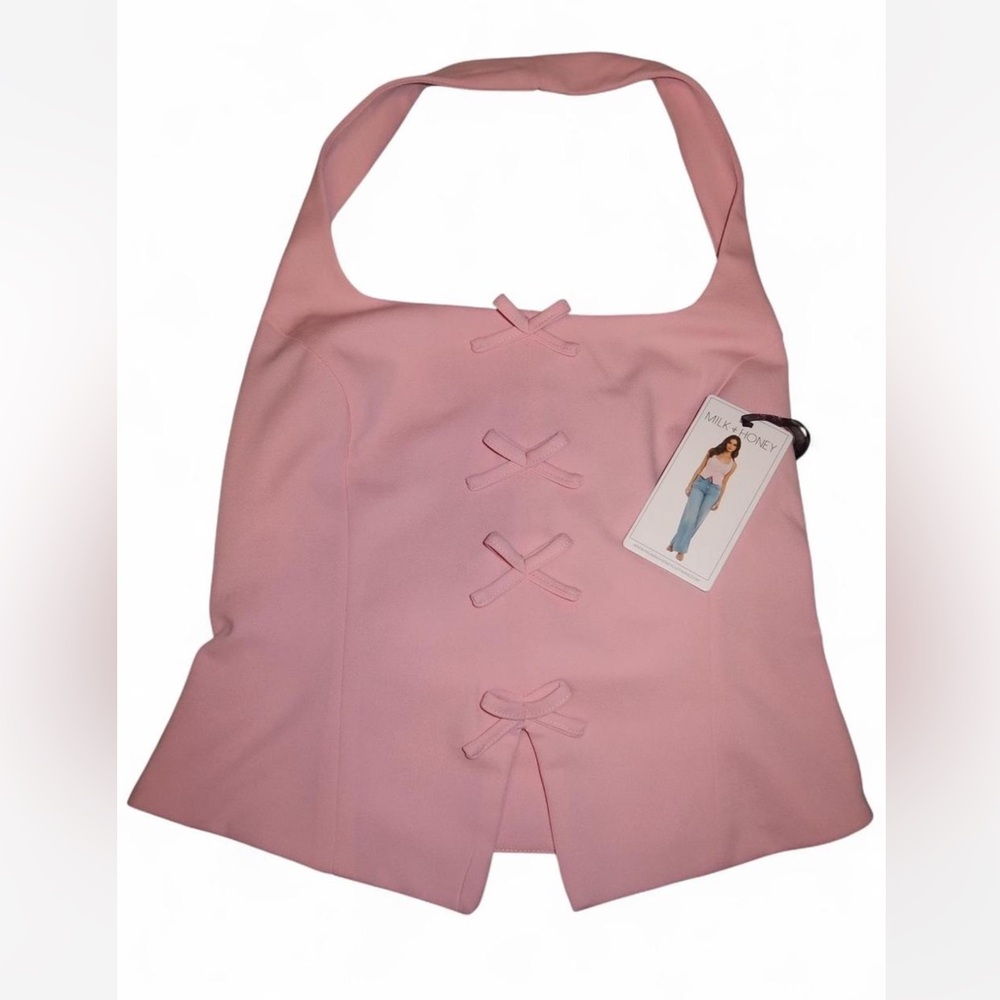 MILK + HONEY Pink Halter Top with Bow Accents